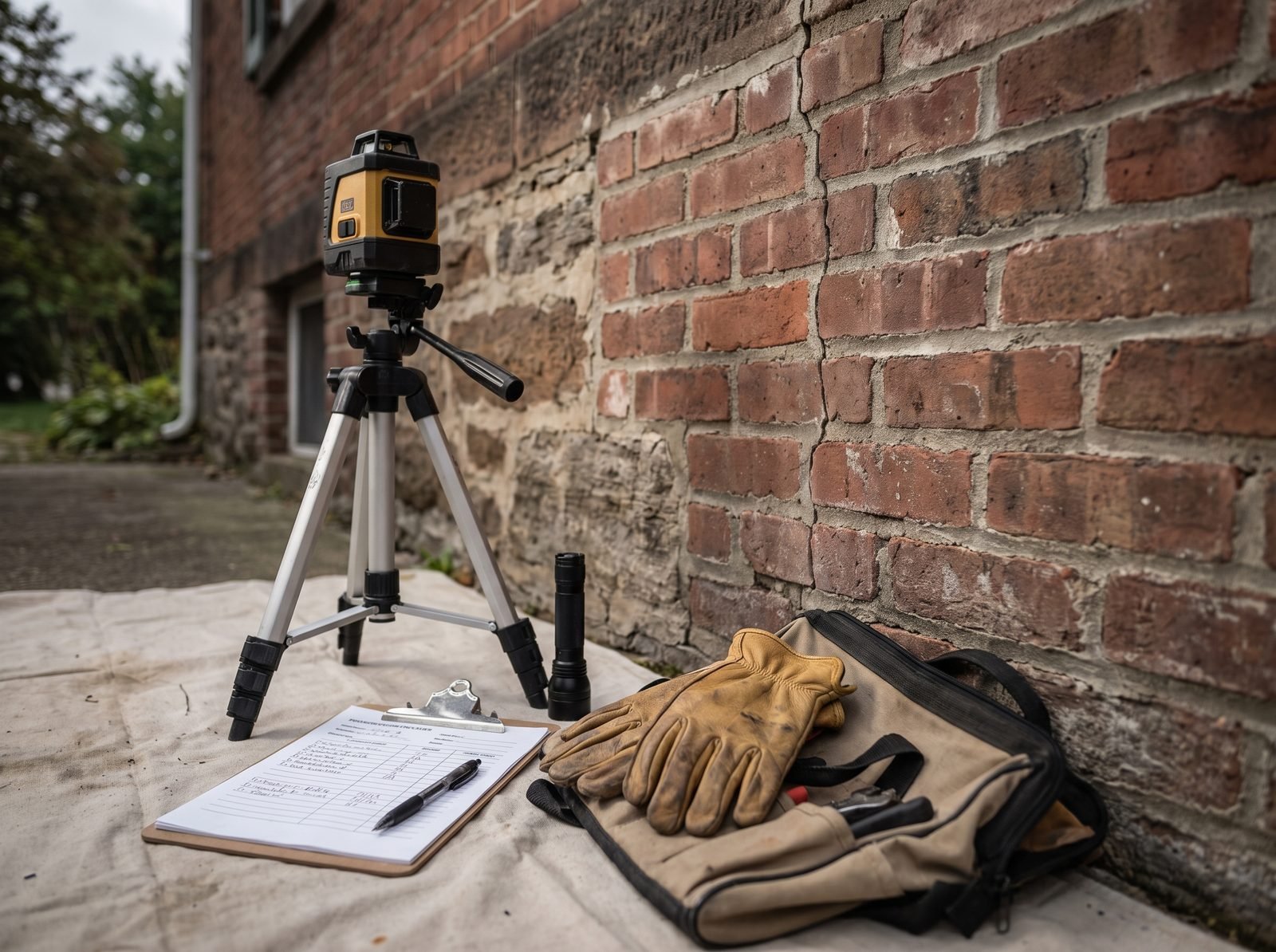 Inspection equipment staged beside a foundation wall