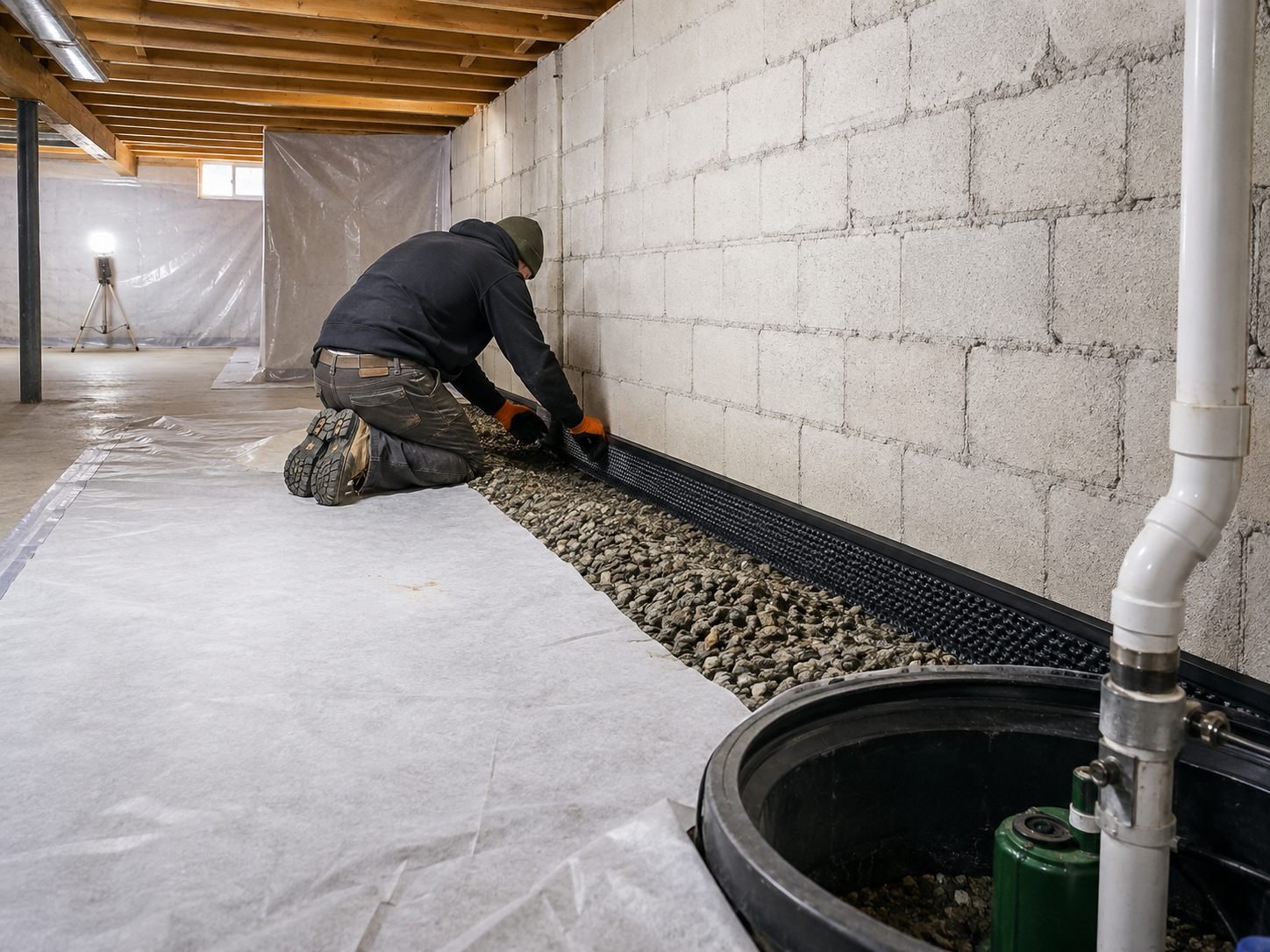 Interior basement drainage system being installed beside a block foundation wall