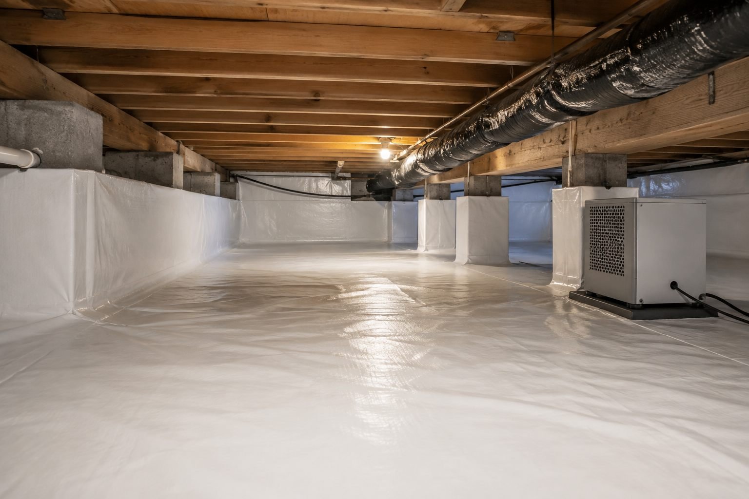 Clean encapsulated crawl space with white vapor barrier and dehumidifier
