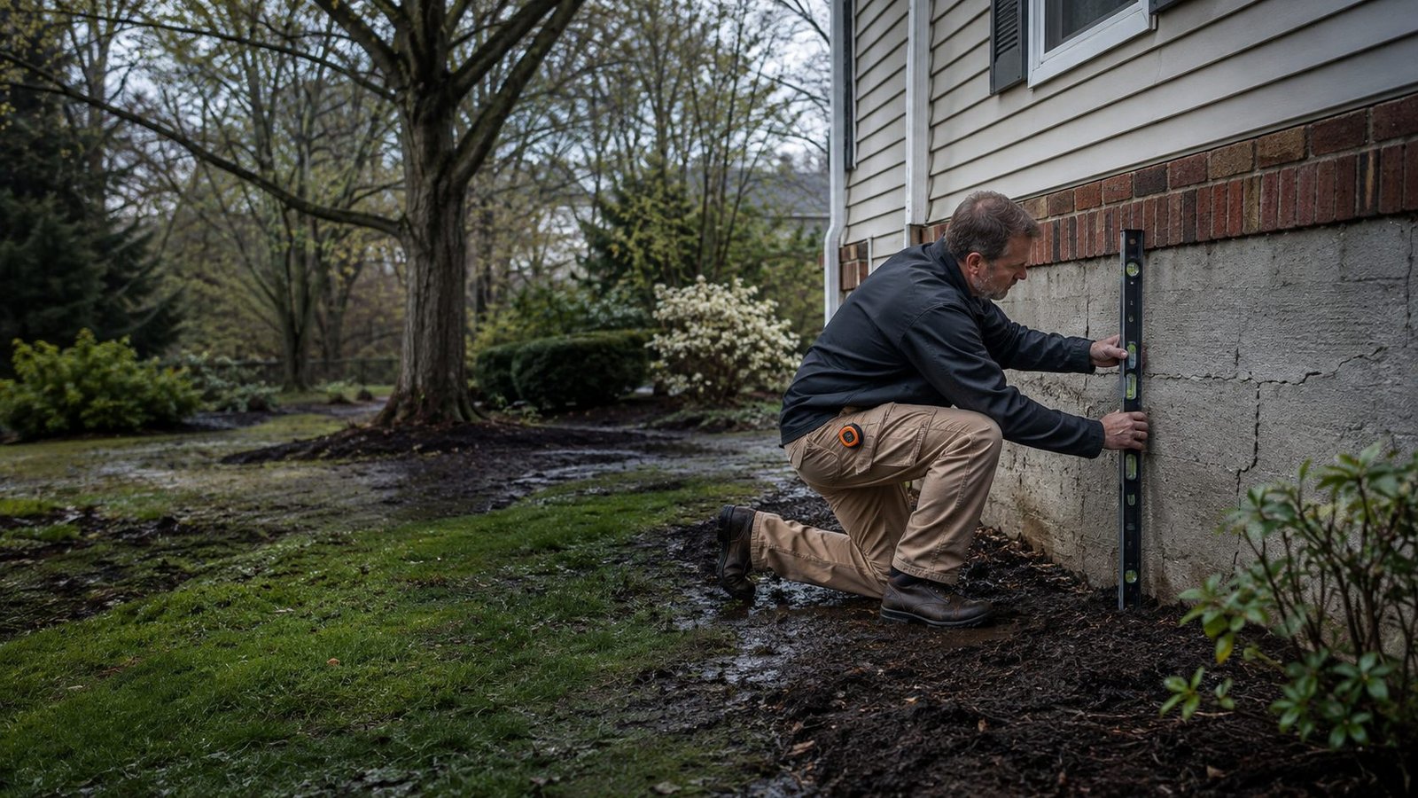 Foundation contractor inspecting a Central Indiana home after rain